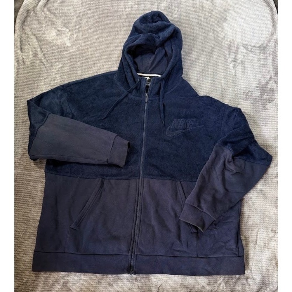 Nike Mens‎ XXL Full Zip Hoodie Blue Mixed Media Terry Cloth Sweatshirt Logo